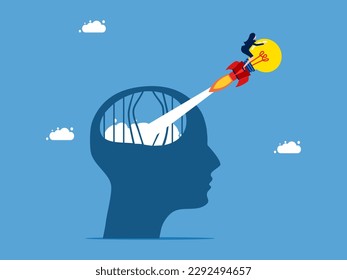 Business creative ideas. Brave businesswoman flies out of prison with a human head with a light bulb