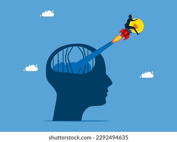 Ideas creativas de negocios. Hombre valiente sale volando de la cárcel con la cabeza humana con una bombilla de luz
