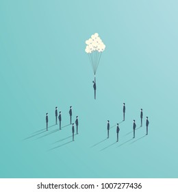 Business creative ideas vector concept with team of people and flying baloon from lightbulbs. Symbol of creativity, innovation, leadership. Eps10 vector illustration.