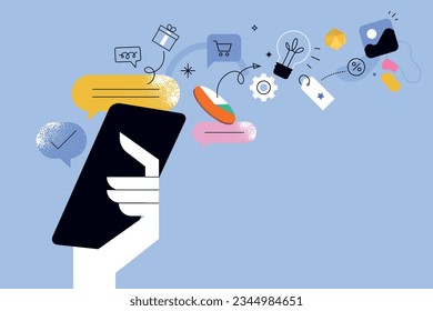 Business creative illustration. Vector concept of mobile apps and services, online business, social network, e-commerce and communication. Illustration for web banner, social media, business presentat