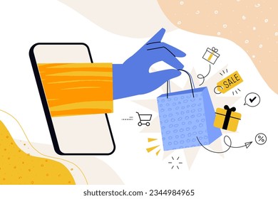 Ilustración creativa de negocios. Concepto vectorial de comercio electrónico, compras en línea, tienda móvil. Ilustración para banner web, medios sociales, presentación de negocios, material de marketing. 