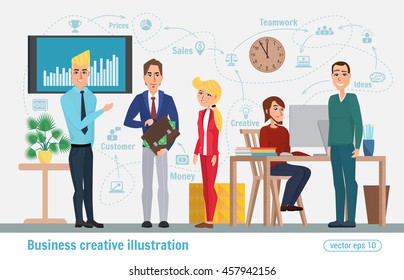 Business creative illustration. Women and man. Businessman character office worker professional.