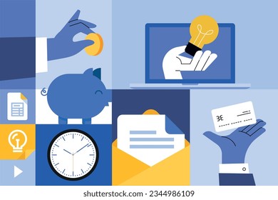 Business creative illustrations. Set of vector concepts of finance, banking, management. Illustrations for web banner, social media, business presentation, marketing material. 