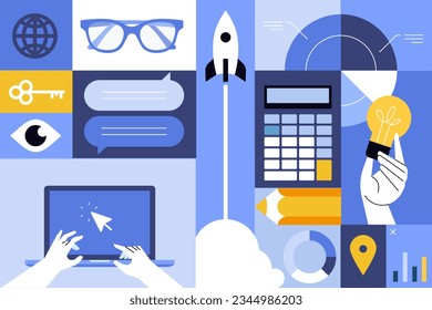 Business creative illustrations. Set of vector concepts of project development, startup, business planning, online communication, office. Illustrations for web banner, social media, business presentat