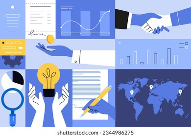 Ilustraciones creativas de negocios. Conjunto de conceptos vectoriales de estrategia empresarial, análisis y planificación, gestión, seo, consultoría. Ilustraciones para banner web, medios sociales, presentación de negocios, ma