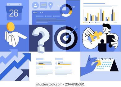 Business creative illustrations. Set of vector concepts of business solution, planning and strategy, team management, productivity. Illustrations for web banner, social media, business presentation, m