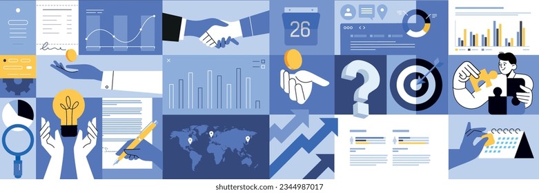 Business creative illustrations. Set of vector concepts of business management, planning and strategy, marketing and consulting. Illustrations for web banner, social media, business presentation, mark