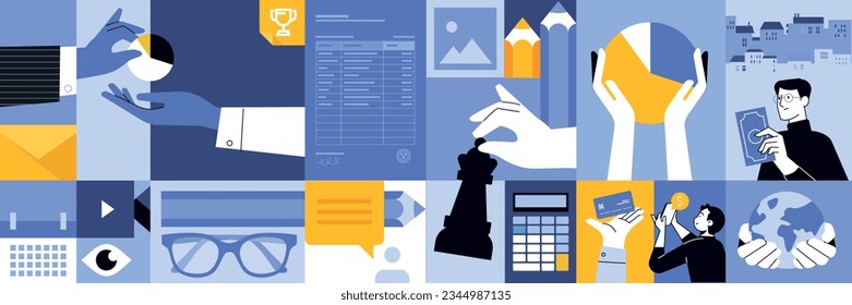 Business creative illustrations. Set of vector concepts of finance and banking, business strategy and analysis, management. Illustrations for web banner, social media, business presentation, marketing