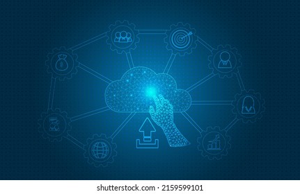 business creative ntelligent idea concept hand touch the coulds for connection to teamwork online  the world with future innovation on technology background with target,graph, gear vector, illustrator