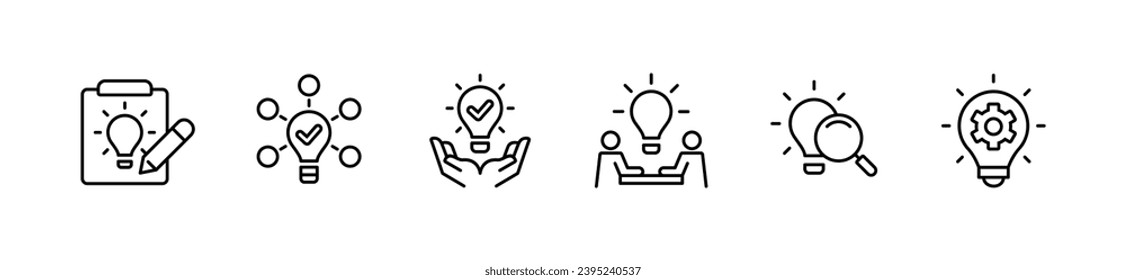 solución creativa de negocios bombilla de luz innovación conjunto de iconos brainstorm lámpara de energía pensamiento de invención ilustración vectorial encontrar cuidado de inspiración, equipo, portapapeles, diseño de símbolos de magnificación