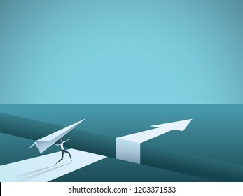 Business creative solution vector concept with businesswoman throwing paper plane over gap. Symbol of creativity, overcoming challenge, success and leadership. Eps10 vector illustration.