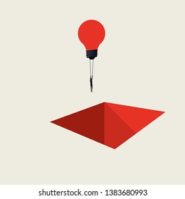 Business creative solution vector concept with businessman flying lightbulb over hole. Minimalista art style. Symbol of innovation, brainstorming, development, progress. Eps10 illustration.