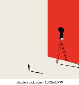 Business creative solution vector concept with businessman and keyhole door with ladder. Minimalist art style. Symbol of opportunity, challenge, innovation, strategy and success. Eps10 illustration.