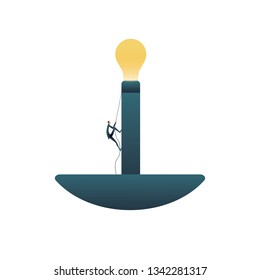 Business creative solutions vector concept, businessman climbing towards lightbulb. Symbol of new ideas, thinking outside the box, brainstorming, invention and innovation. Eps10 vector illustration.