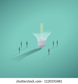 Business creative teamwork vector concept with businessman standing around broken lightbulb. Symbol of solution finding, research, study. Eps10 vector illustration.