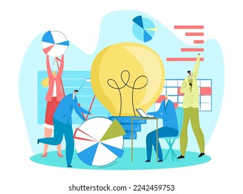 Business creative teamwork, vector illustration. Group people in office discuss project plan, analyze idea success, joint brainstorming.