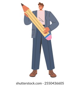 Business creativity concept. A confident businessman holding an oversized pencil, ready to jot down innovative ideas. Vector illustration.