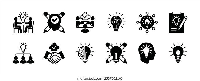 Conjunto de iconos de creatividad empresarial. Contiene bombilla, trabajo en equipo, rompecabezas, reuniones, apretón de manos, pensamiento, innovación, solución, gestión de equipos, idea creativa, invención, educación. Ilustración vectorial