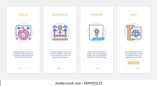 Business creativity idea concept vector illustration. UX, UI onboarding mobile app page screen set with line talent genius inspiration, creative skill growth, human productivity abstract symbols