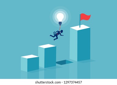 Business creativity innovation concept. Vector of a businessman flying over chart gap with lightbulb. Symbol of problem solution, breakthrough and motivation. 