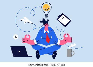 Business Creativity and innovation concept. Young smiling businessman sitting meditating at laptop and having various business ideas in mind above vector illustration 