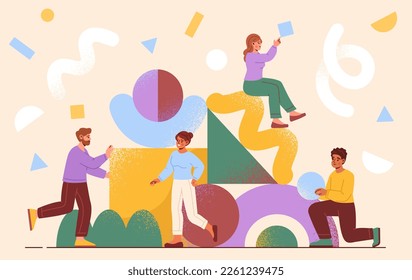 Proceso de negocios y creatividad. Trabajo en equipo, asociación y colaboración. El grupo de hombres y mujeres crea estructuras a partir de formas geométricas abstractas. Lluvia de ideas. Dibujo vectorial plano de dibujos animados