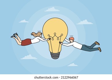 Business creativity and Teamwork concept. Young smiling partners colleagues teammates having great innovative idea reaching for success in business vector illustration 