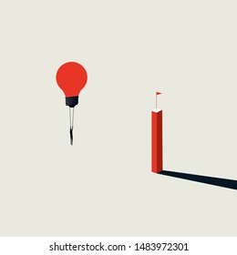 Business creativity vector concept with businessman flying lightbulb as balloon to his goal. Symbol of innovation, invention, success, motivation and achievement. Eps10 illustration.