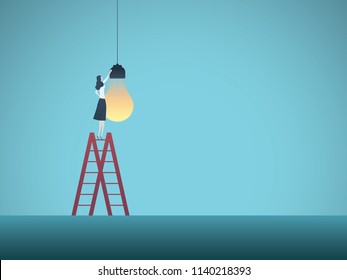 Business creativity vector concept. Businesswoman installing lightbulb. Symbol of creative ideas, innovation, success. Eps10 vector illustration.