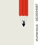Business creativity vector concept. Innovation and inspiration symbol, visionary businessman flying balloon in shape of pencil. Eps10 illustration.