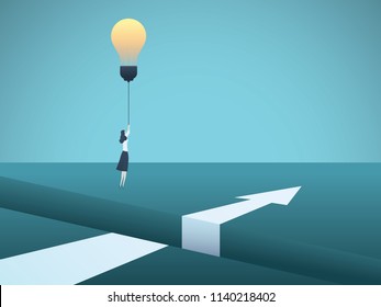 Business creativity vector concept with business woman flying over gap with lightbulb. Symbol of innovation, invention, solution, breakthrough, ambition, motivation. Eps10 vector illustration.