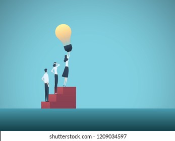 Business creativity vector illustration concept with business woman and lightbulb. Symbol of creative ideas, solutions, innovation, invention and success. Eps10 vector illustration.