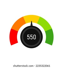 Business credit speedometer with middle score illustration. Indicator with color blocks from red to green, customers satisfaction with service. Evaluation, gauge rating meter concept svg