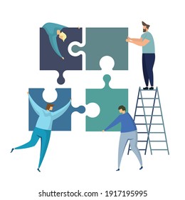 Business crew concept. Team metaphor people connecting build puzzle elements. Vector illustration flat design style. Symbol of teamwork, cooperation, partnership.