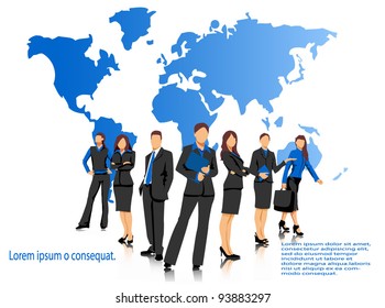 Business crew on world map