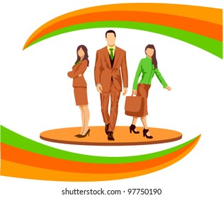 Business crew on world map, vector background