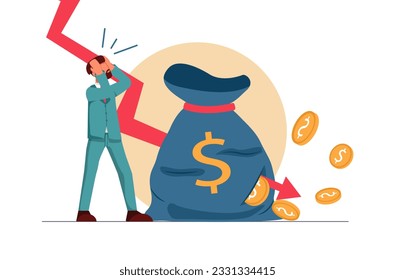 Business crisis. The businessman is desperate, the arrow of the graph has pierced the money bag and coins are pouring out of it