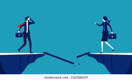 Business crisis. A businessman looks at a broken bridge. business concept vector illustration