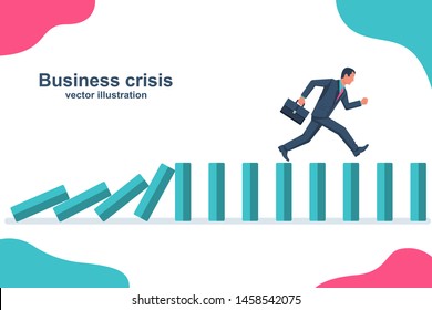 Business crisis. Businessman running down the falling dominoes. Domino effect. Vector illustration flat design. Isolated on white background. Template for the front page of a failed business.
