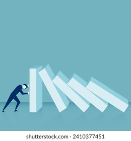Business crisis concept illustration. Businessman stopping domino effect cartoon vector illustration