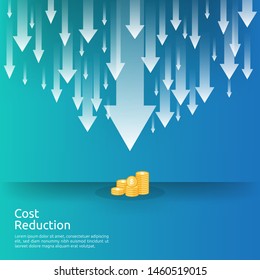business crisis concept. money fall down with arrow decrease symbol. economy stretching rising drop, global lost bankrupt. cost declining reduction or loss of income with stack pile dollar coins.