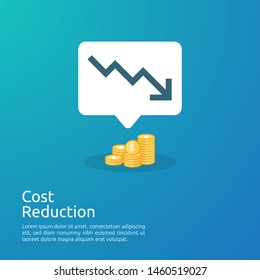 business crisis concept. money fall down with arrow decrease symbol. economy stretching rising drop, global lost bankrupt. cost declining reduction or loss of income with stack pile dollar coins.