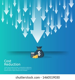 business crisis concept. money fall down with arrow decrease symbol. economy stretching rising drop, global lost bankrupt. cost declining reduction or loss of income with stack pile dollar coins.