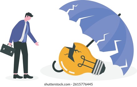 Business crisis and default concept. sad frustrated businessman standing looking at broken light bulb under a broken umbrella.

