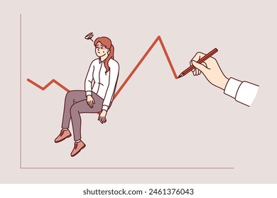 Business crisis for female manager sitting on unstable chart, near hand with pencil. Graph of sharp decrease in profitability and volatility caused by financial and economic crisis