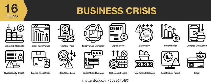 Business Crisis icon set. Includes crisis, business, risk, finance, problem, and More. Outline icons vector collection.