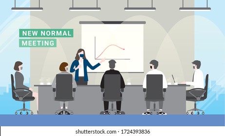 Business Crisis Loss Profit. Meeting Presentation After Pandemic Covid-19 Corona Virus. New Normal Is Wearing Mask In Workplace. Flat Design Style Vector Concept