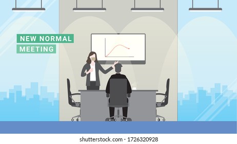 Business crisis loss profit. Meeting presentation after pandemic covid-19 corona virus. New normal is wearing mask in workplace. Flat design style vector concept