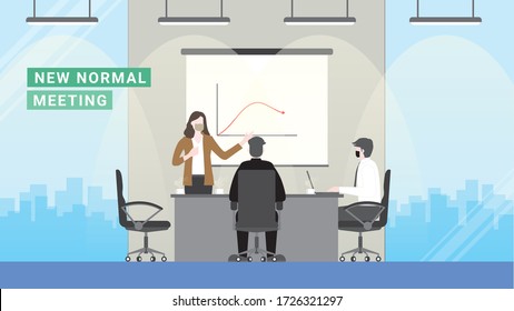 Business crisis loss profit. Meeting presentation after pandemic covid-19 corona virus. New normal is wearing mask in workplace. Flat design style vector concept