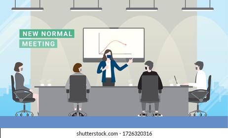 Business Crisis Loss Profit. People Meeting Presentation After Pandemic Covid-19 Corona Virus. New Normal Is Wearing Mask In Office Workplace Conference Room. Flat Design Style Vector Concept.